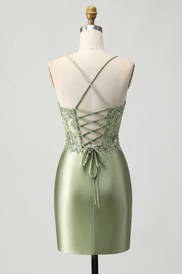 Green Bodycon Corset Sequin Homecoming Dress with Lace Up Back